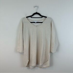 Pure J. Jill V-Neck Cream Knit Top with 3/4 Sleeves Stripes Size Medium Organic